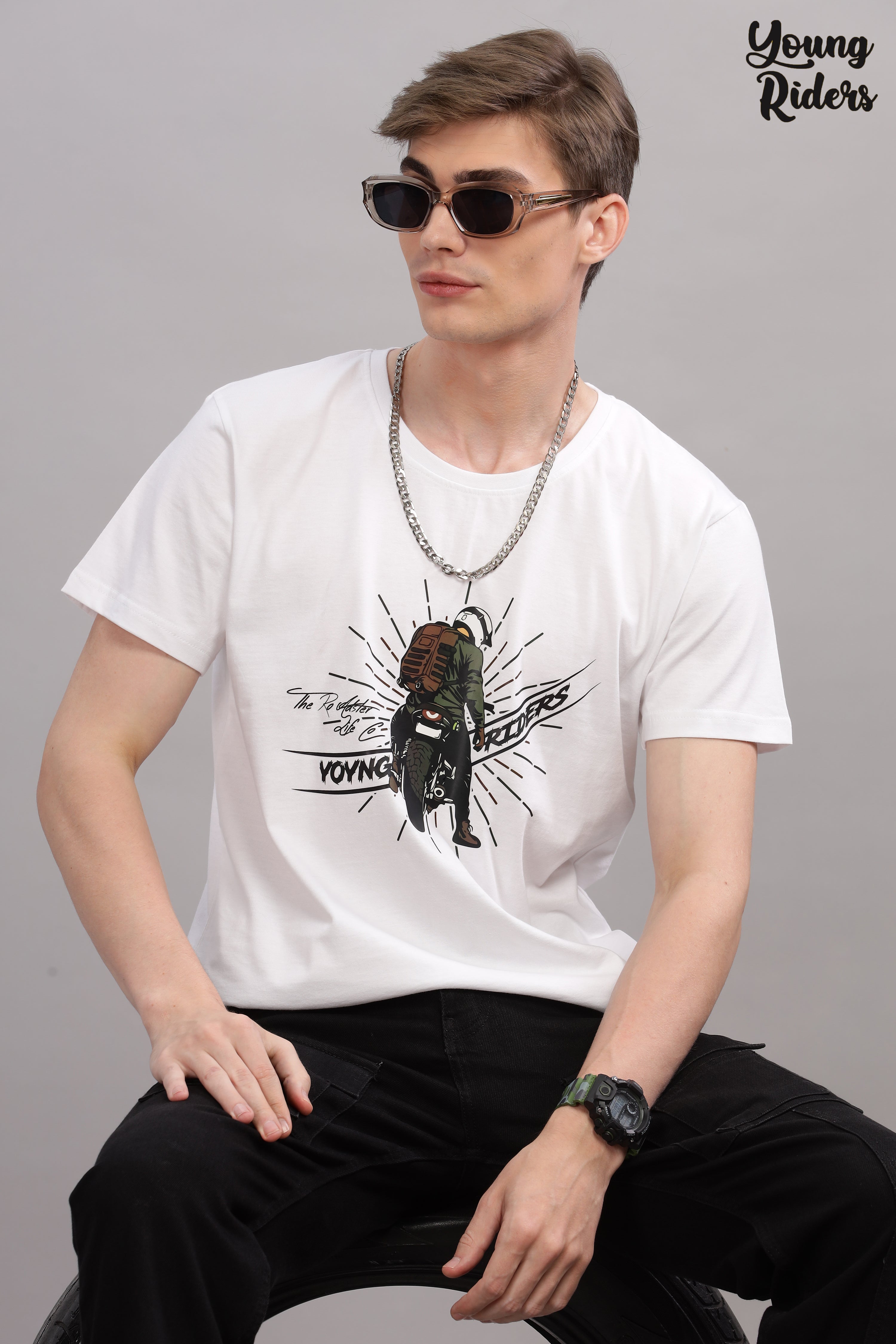 White - Cool Bike Rider Printed T-shirt