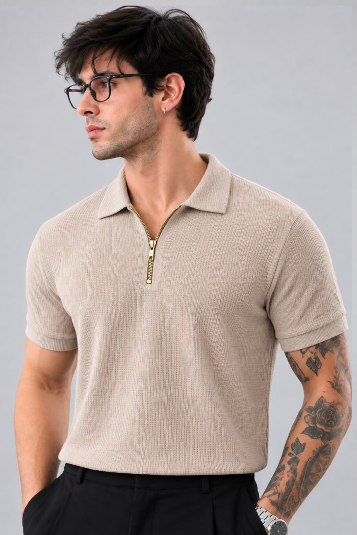 Beige Zipper Polo - Waffle
