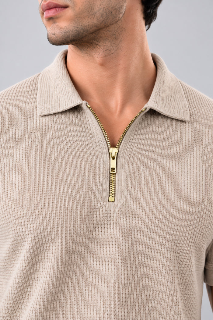 Beige Zipper Polo - Waffle