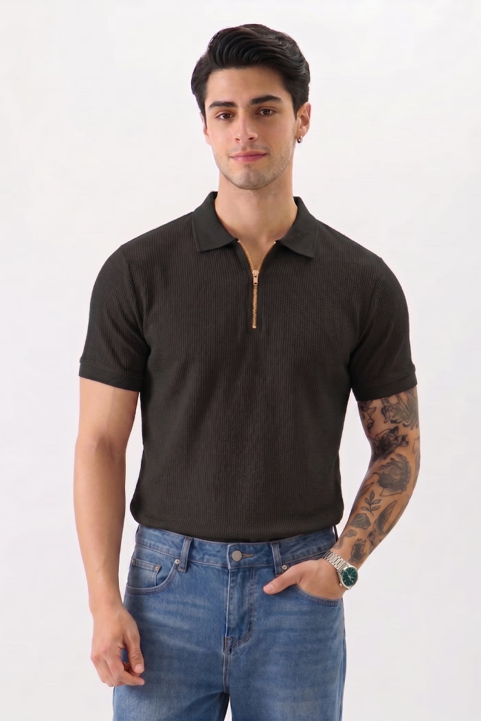 Black Zipper Polo - Waffle