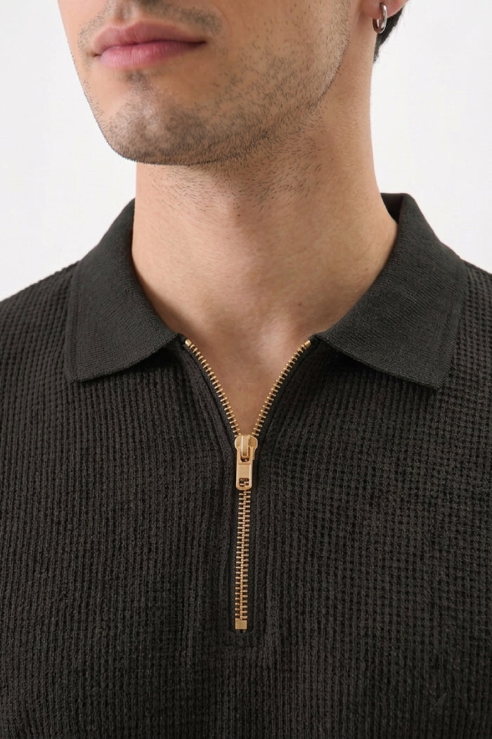 Black Zipper Polo - Waffle