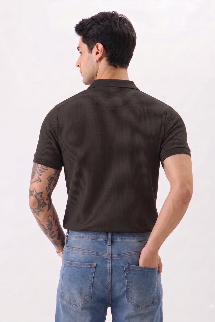 Black Zipper Polo - Waffle