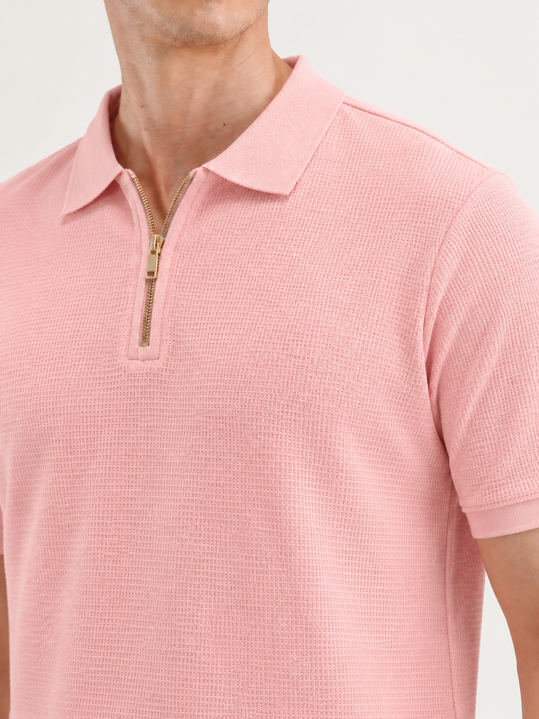 Powder Pink Zipper Polo - Waffle