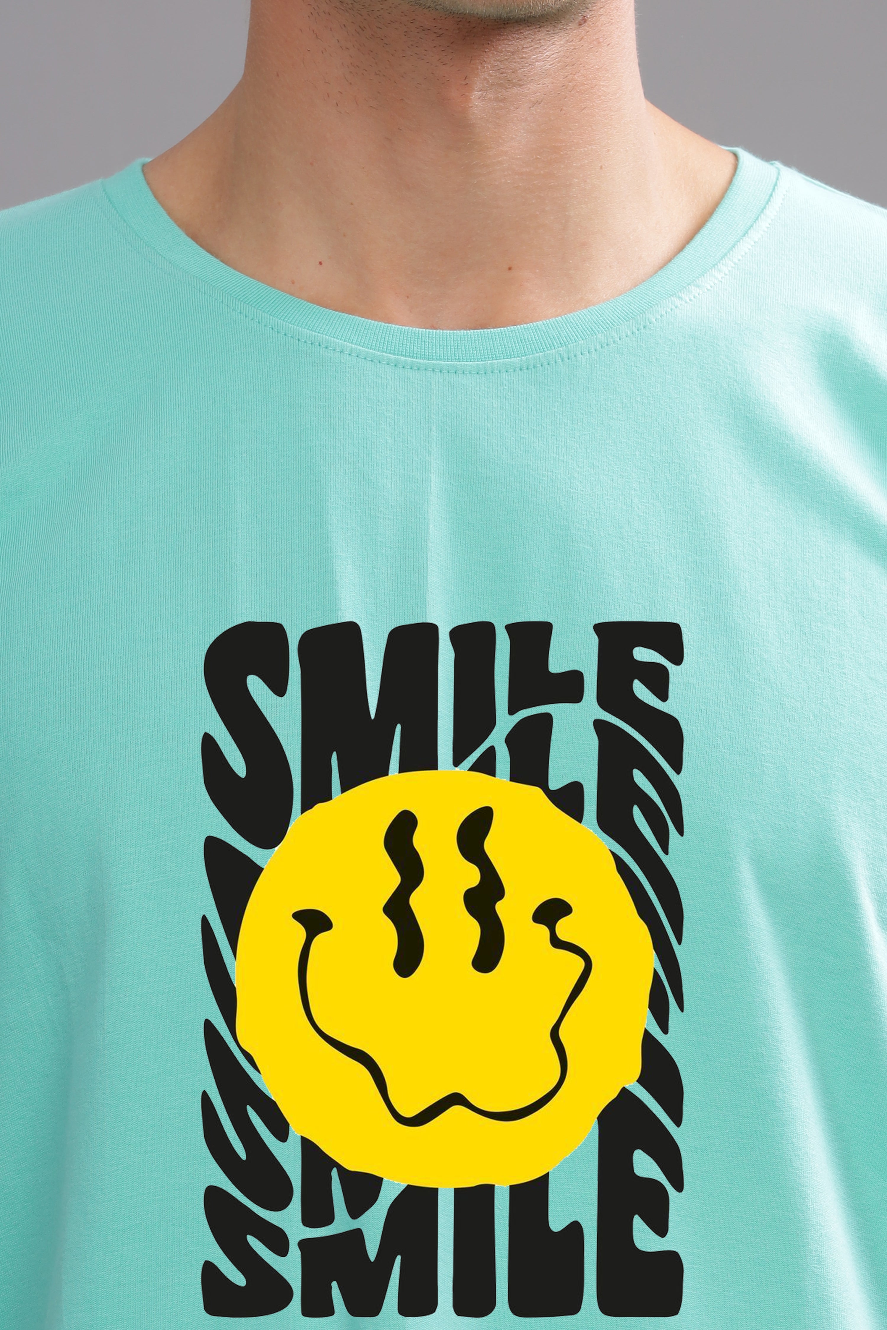 Smiling Face Printed T-shirt-Sky Blue