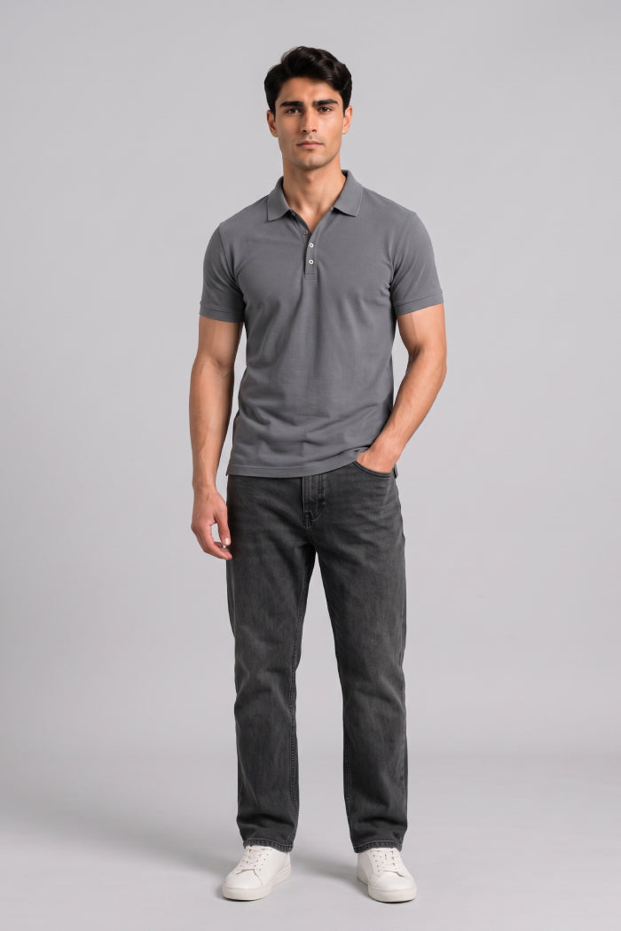 Dark Grey Button Polo – Sporty Matty