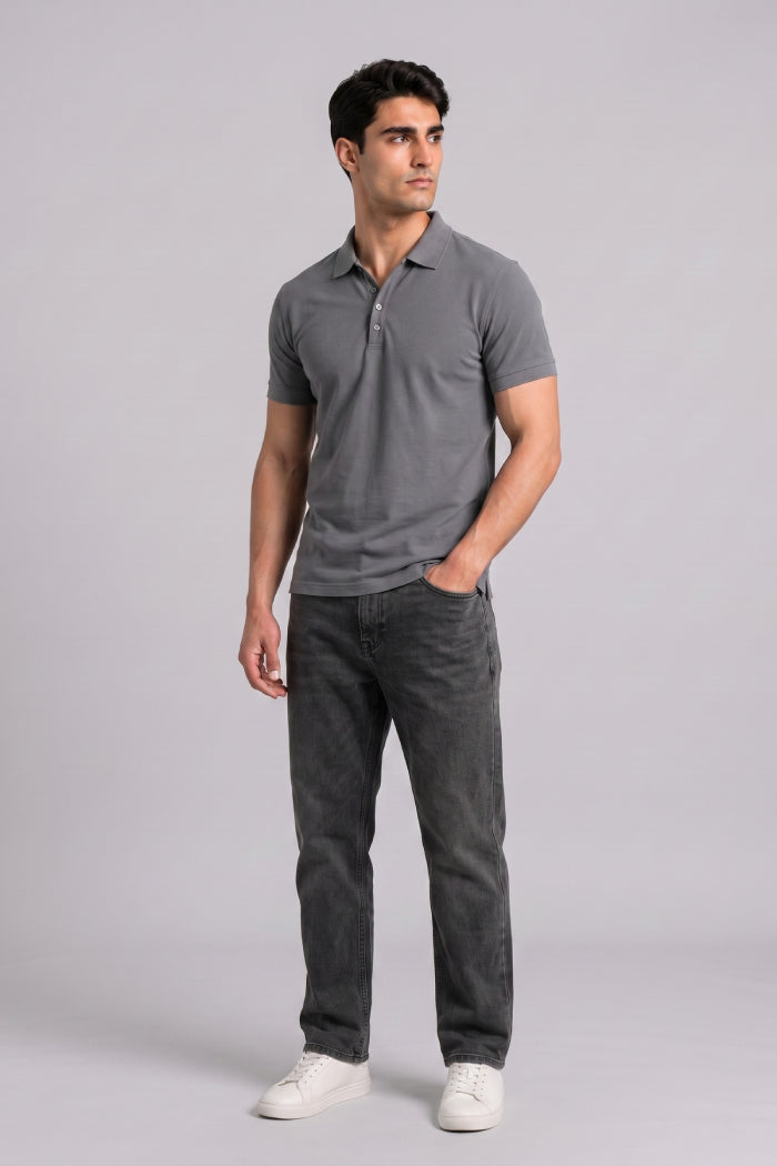 Dark Grey Button Polo – Sporty Matty