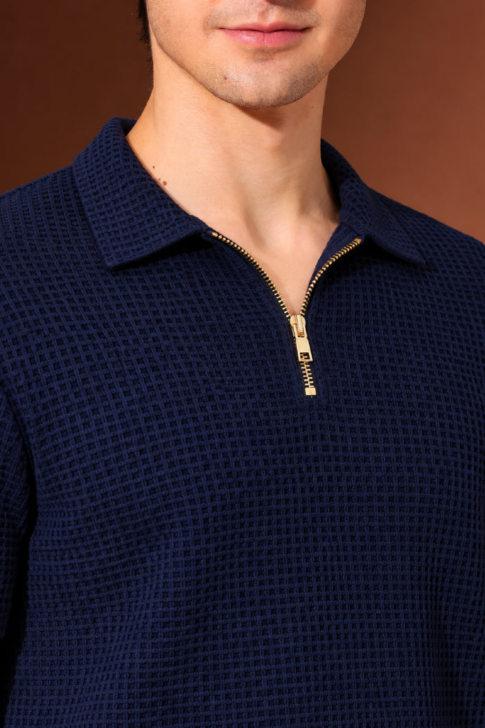 Dark Navy Blue Zipper Polo - Waffle