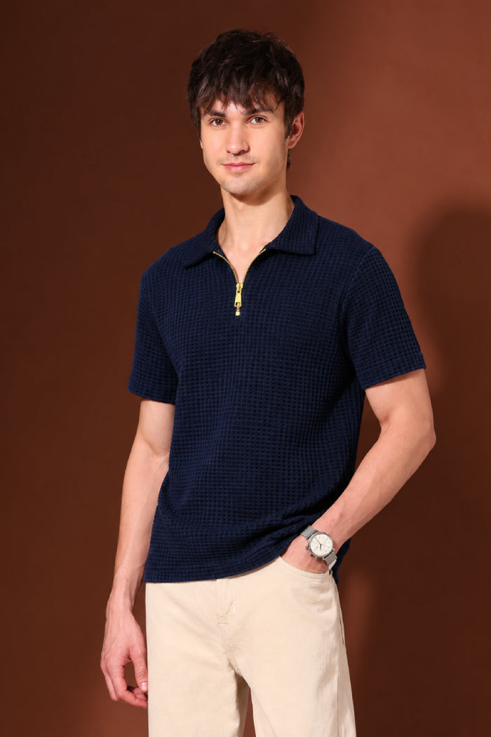 Dark Navy Blue Zipper Polo - Waffle