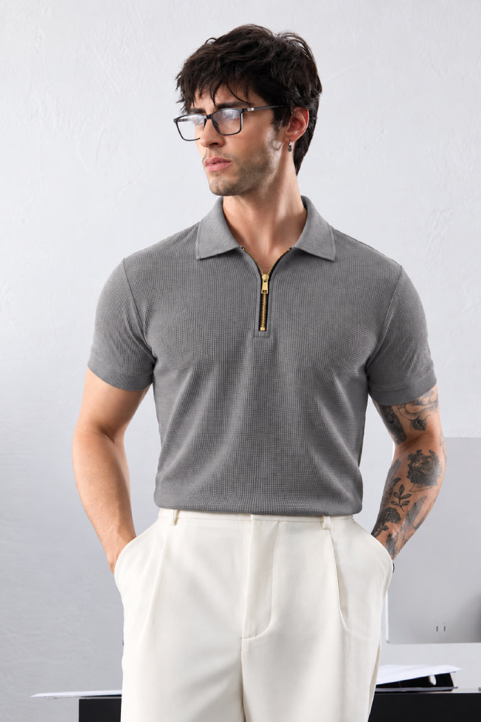 Grey Zipper Polo - Waffle
