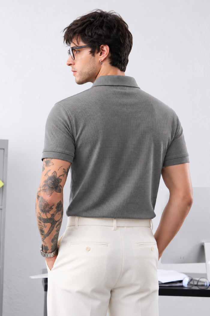 Grey Zipper Polo - Waffle