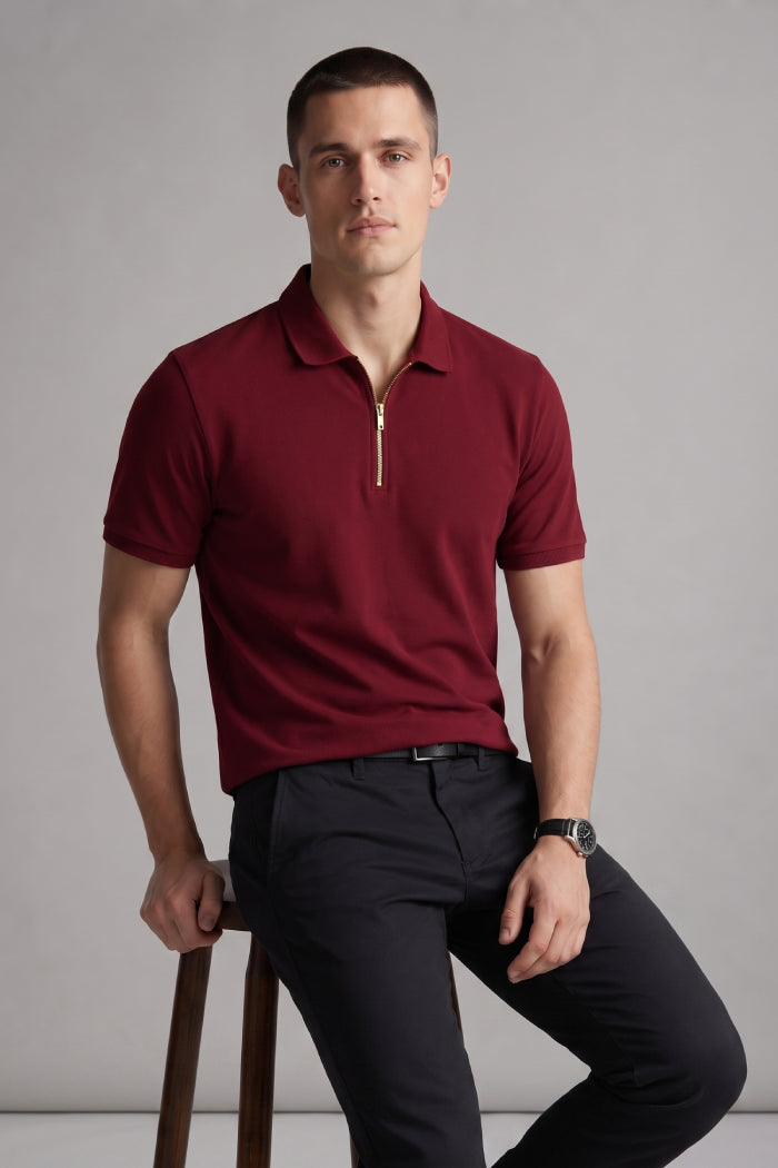 Maroon Zipper Polo – Sporty Matty