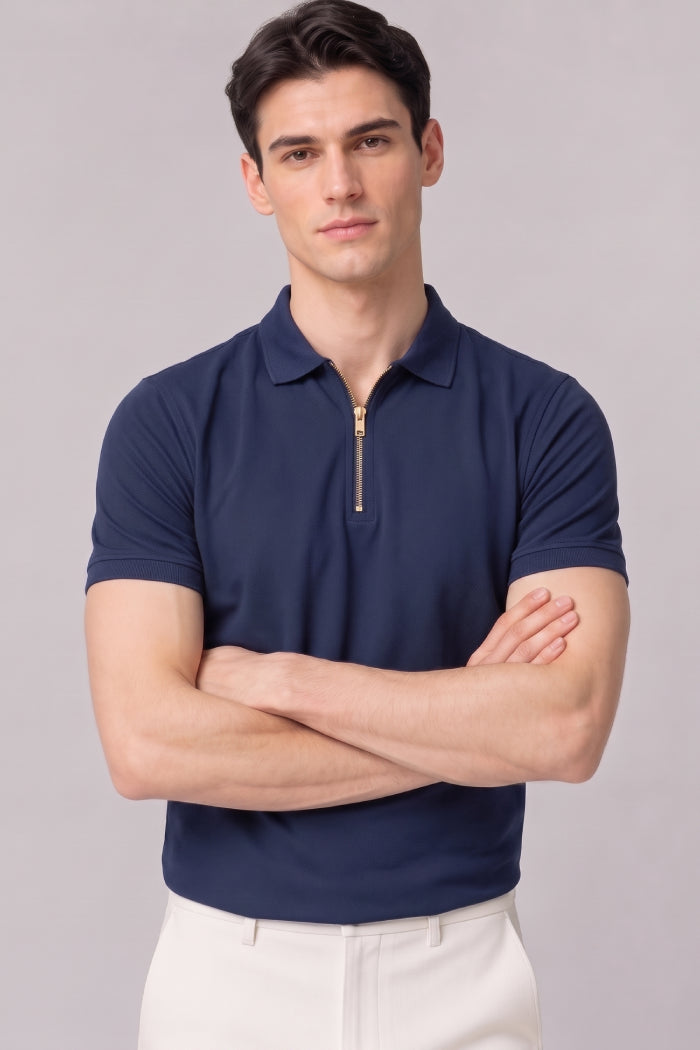 Navy Blue Zipper Polo T-shirt - Matty Lycra