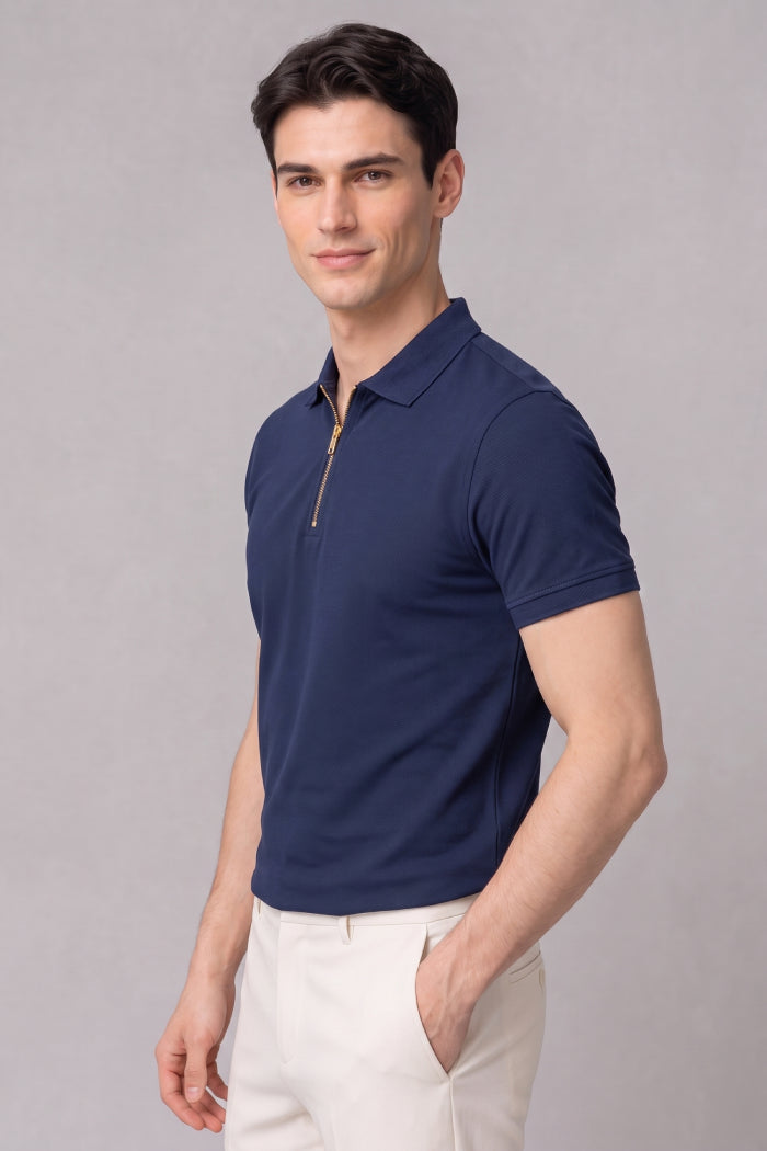Navy Blue Zipper Polo T-shirt - Matty Lycra