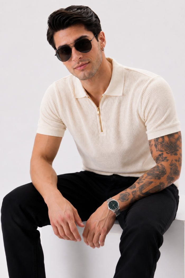 Off White Zipper Polo - Waffle