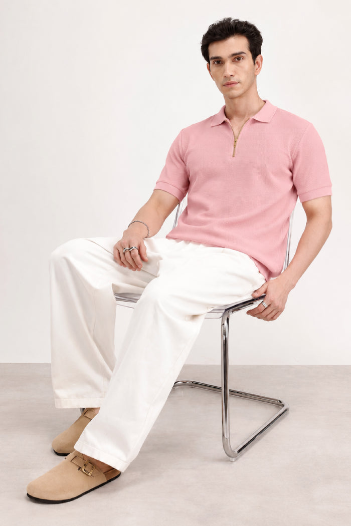 Powder Pink Zipper Polo - Waffle