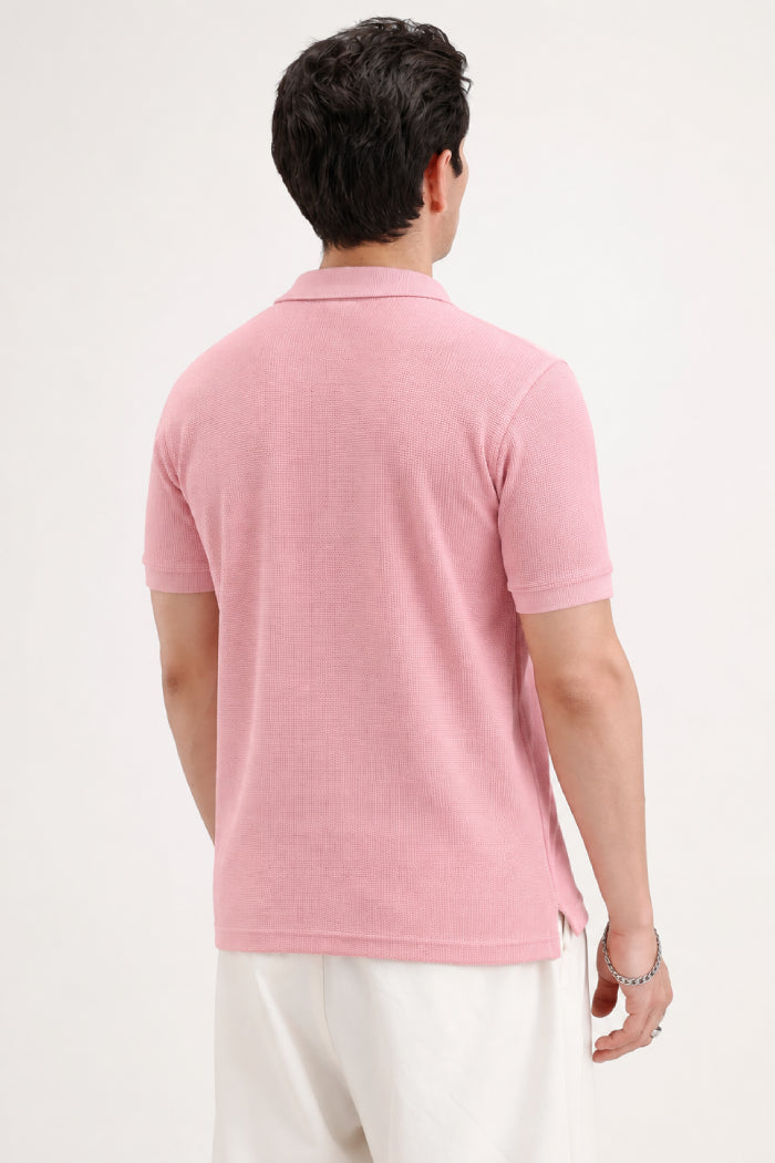 Powder Pink Zipper Polo - Waffle