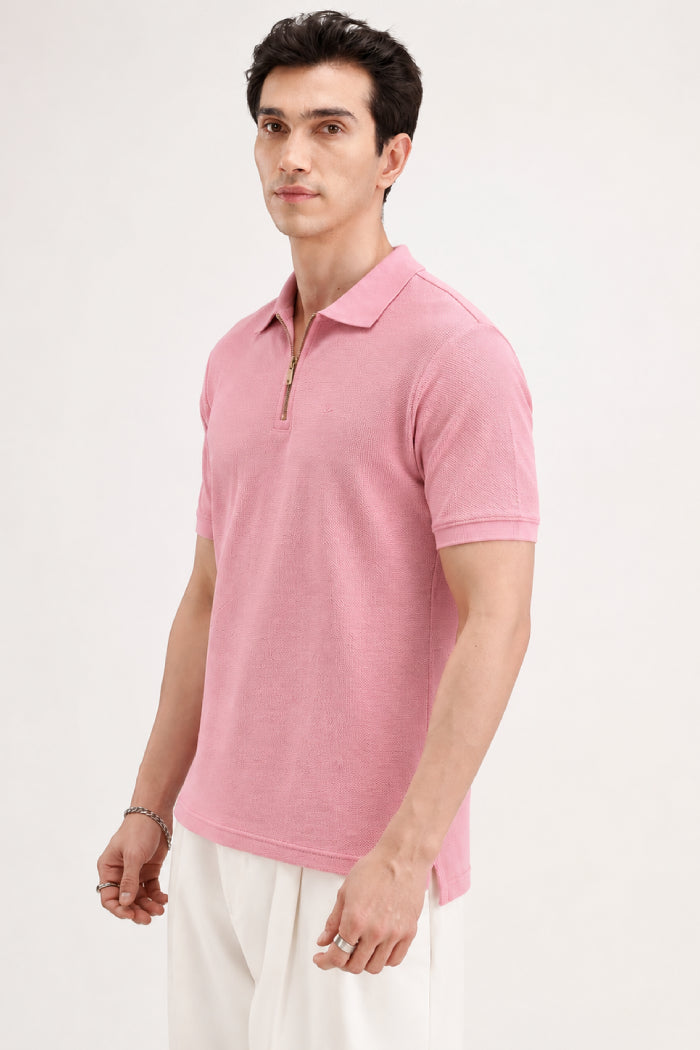 Powder Pink Zipper Polo - Waffle