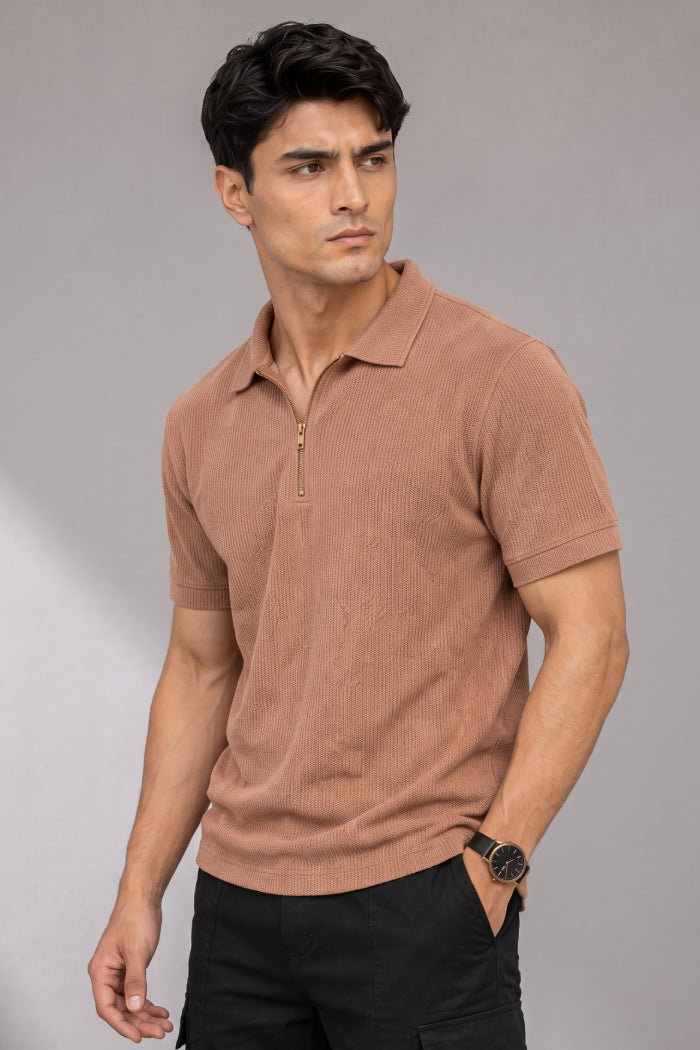 Rust Brown Zipper Polo - Waffle