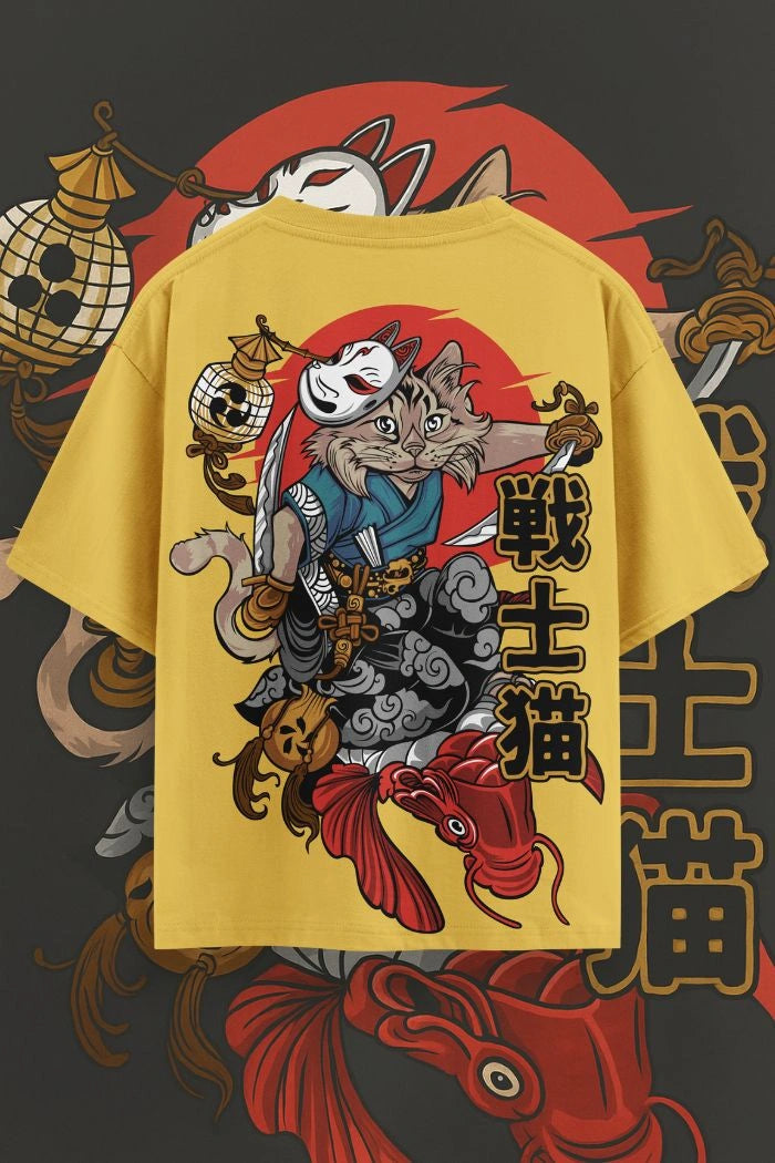 Samurai Cat Oversized T-Shirt – Japanese Anime Streetwear Tee
