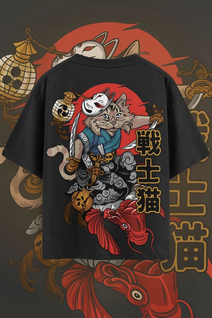 Samurai Cat Oversized T-Shirt – Japanese Anime Streetwear Tee