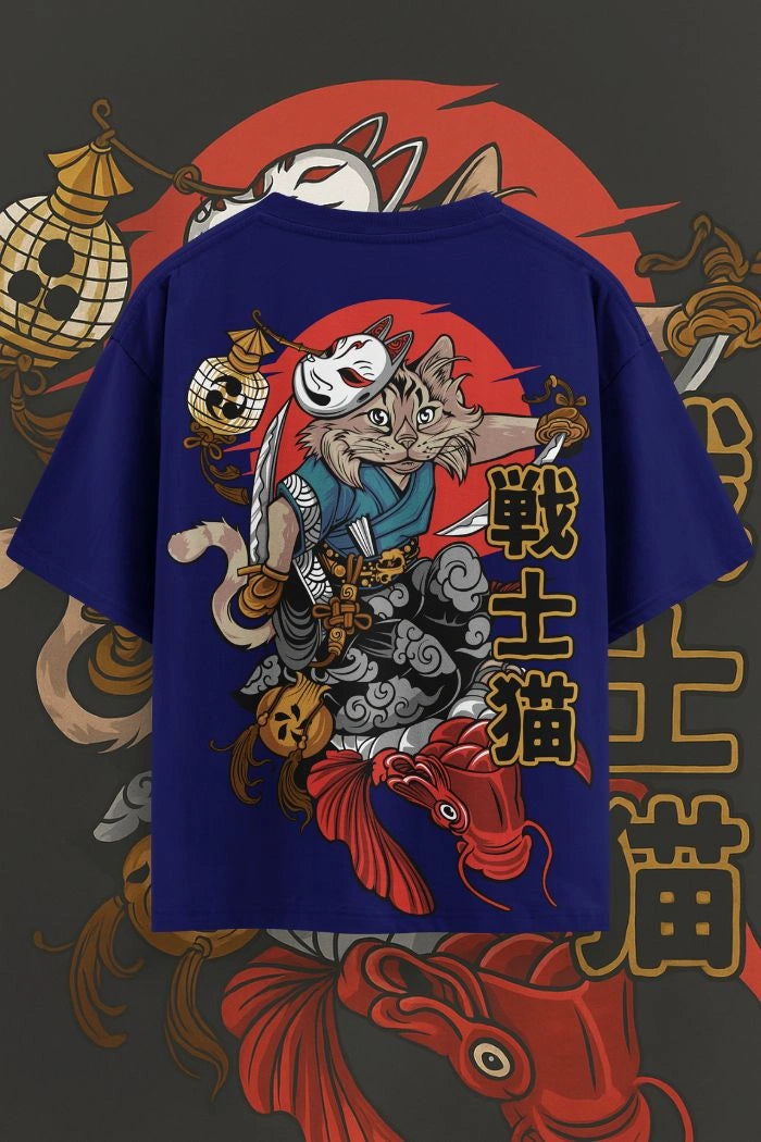 Samurai Cat Oversized T-Shirt – Japanese Anime Streetwear Tee