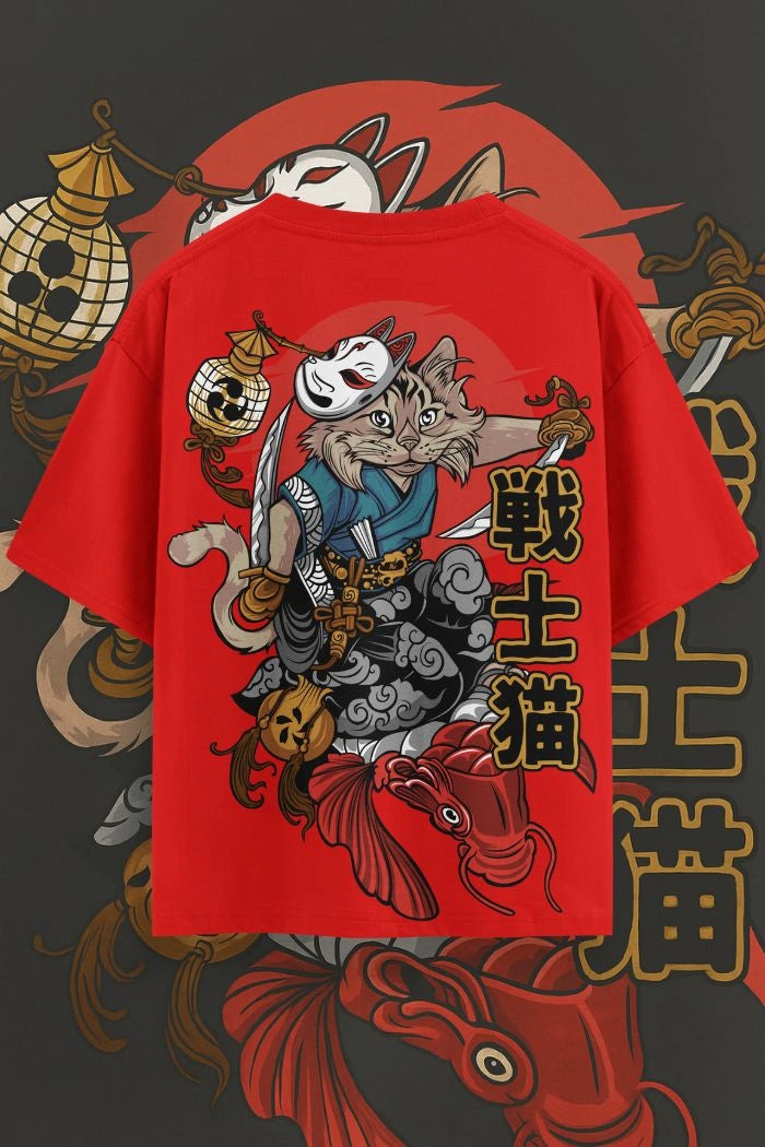 Samurai Cat Oversized T-Shirt – Japanese Anime Streetwear Tee