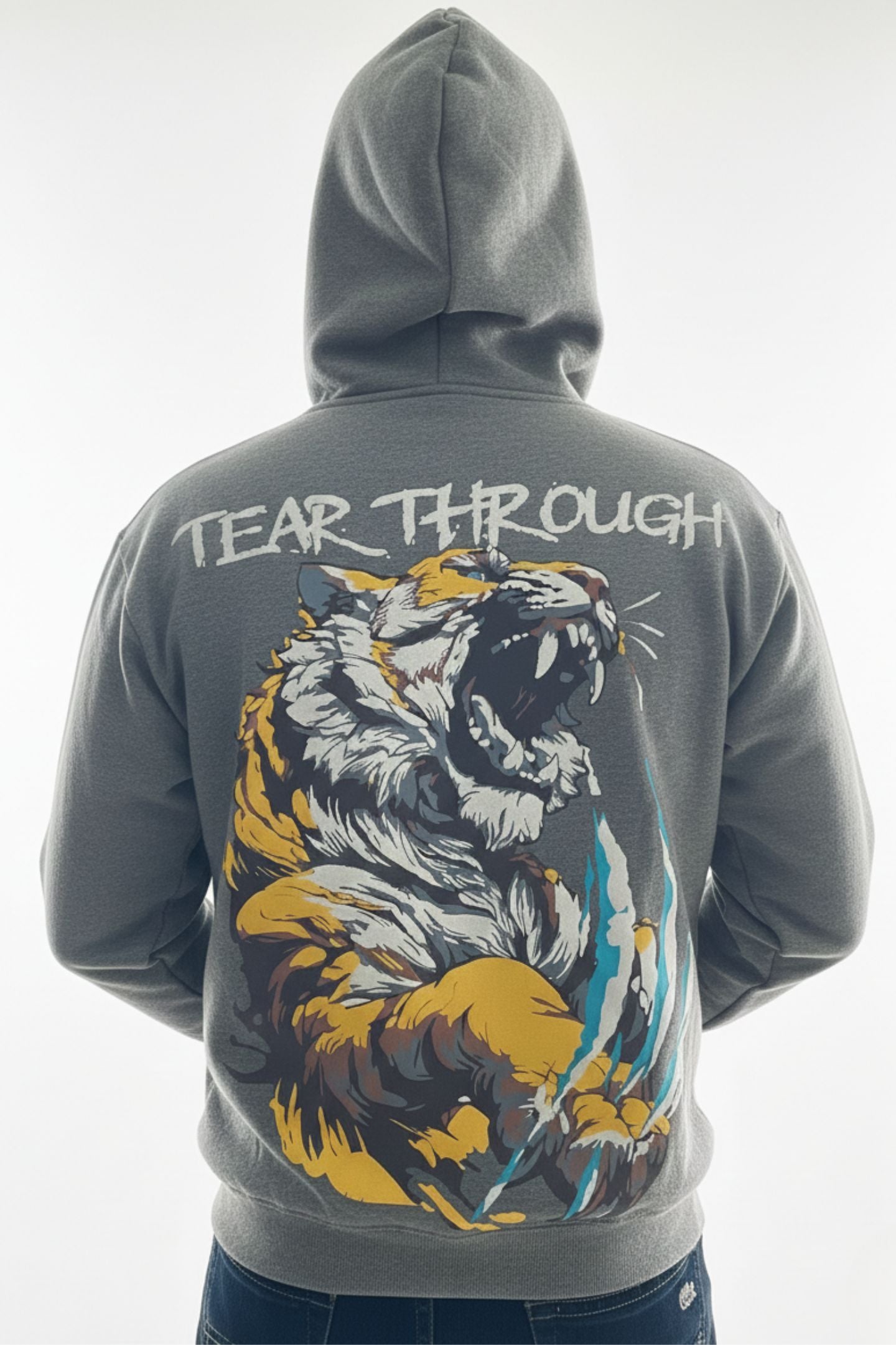 Tear Through Tiger Hoodie for Men- Grey