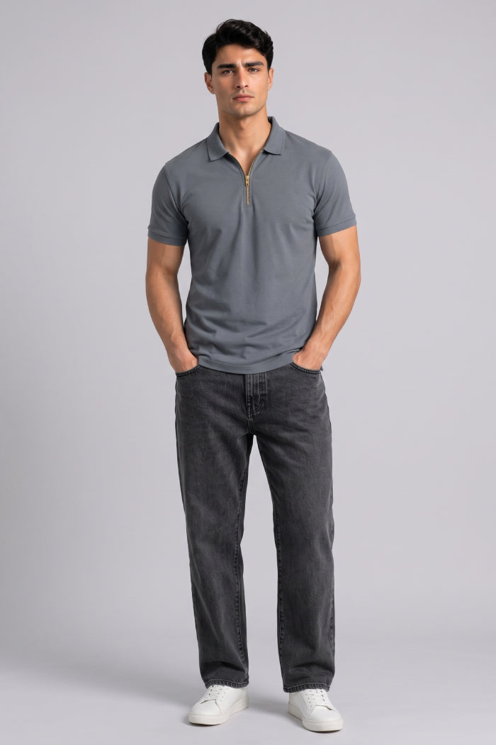Dark Grey Zipper Polo – Sporty Matty