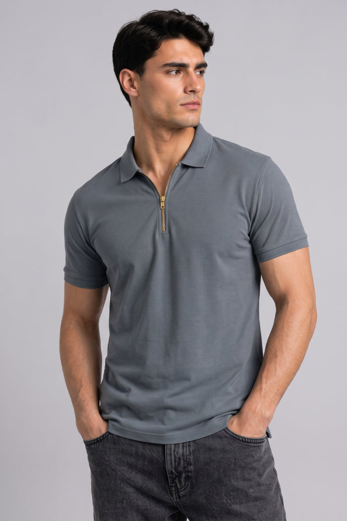 Dark Grey Zipper Polo – Sporty Matty