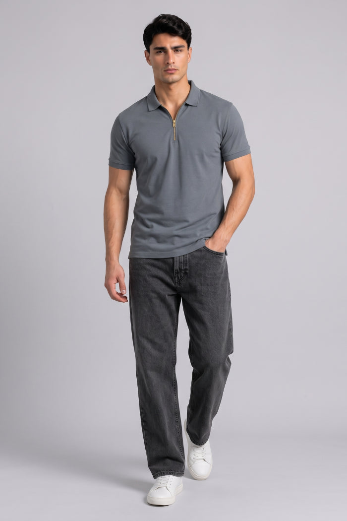 Dark Grey Zipper Polo – Sporty Matty
