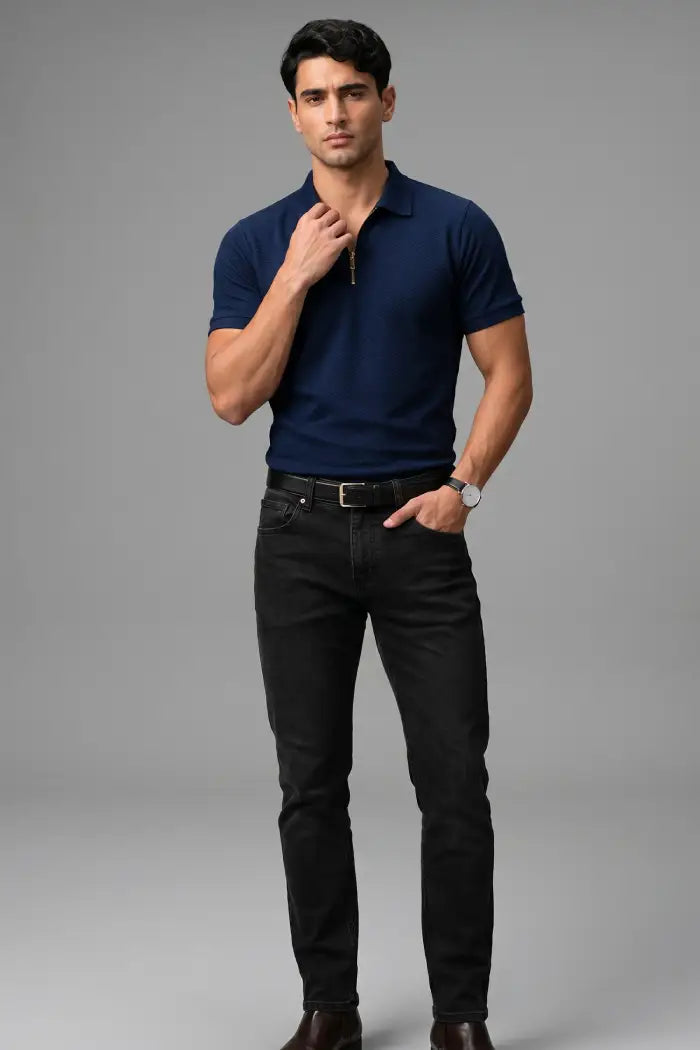 Navy Blue Zipper Polo T-shirt - Matty Lycra
