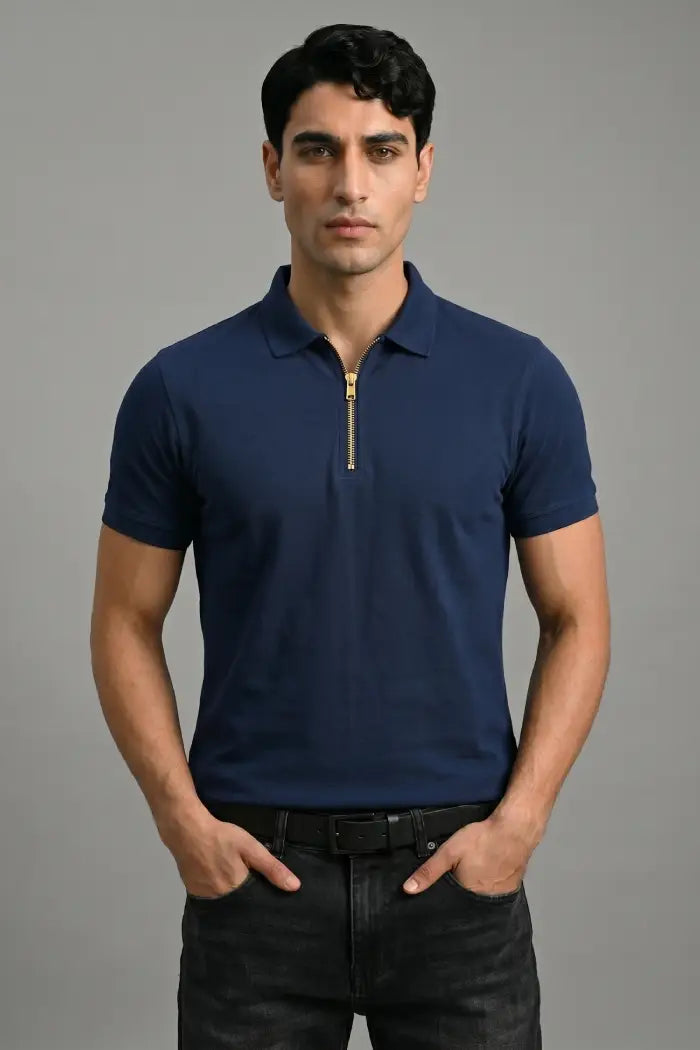 Navy Blue Zipper Polo T-shirt - Matty Lycra
