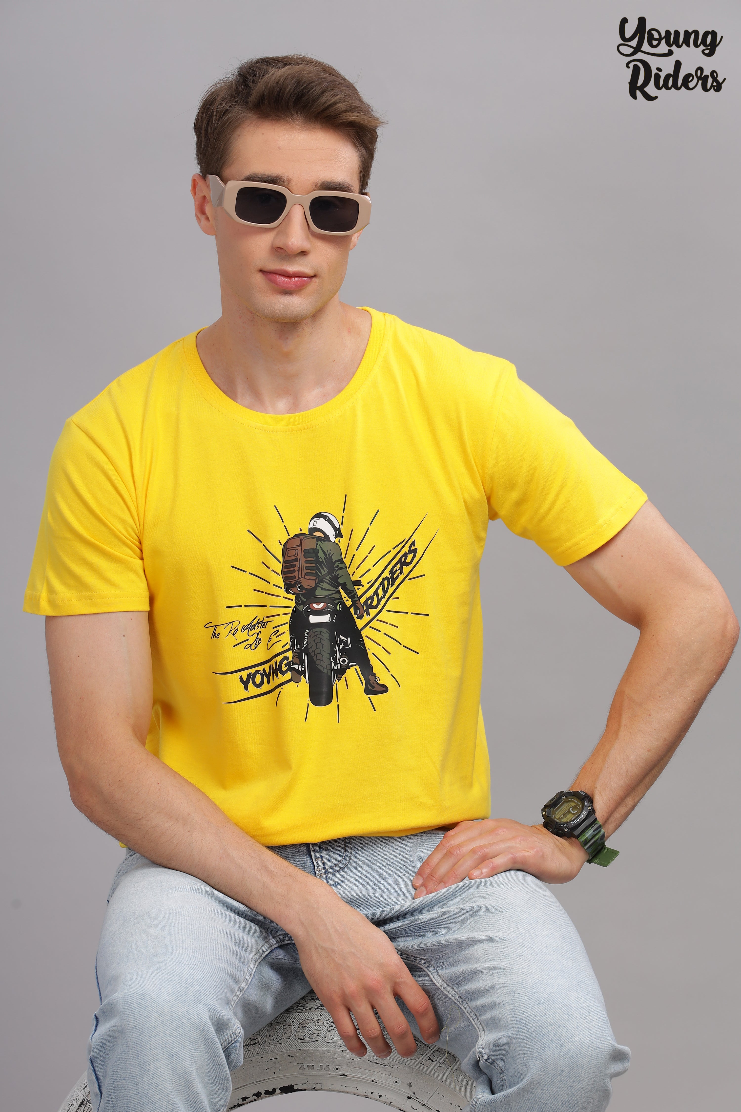 Yellow - Cool Bike Rider Printed T-shirt