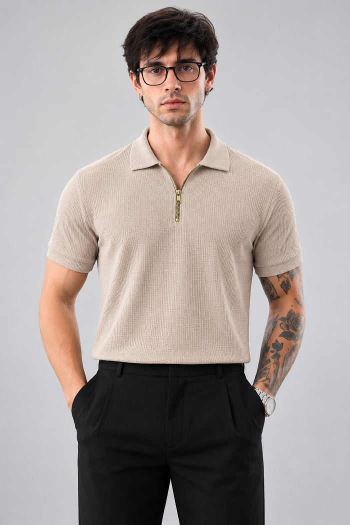Beige Zipper Polo - Waffle