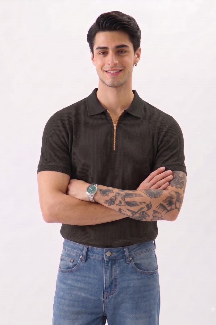 Black Zipper Polo - Waffle