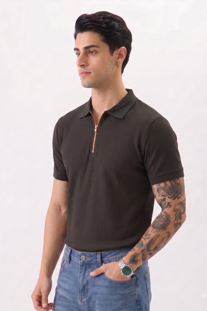 Black Zipper Polo - Waffle