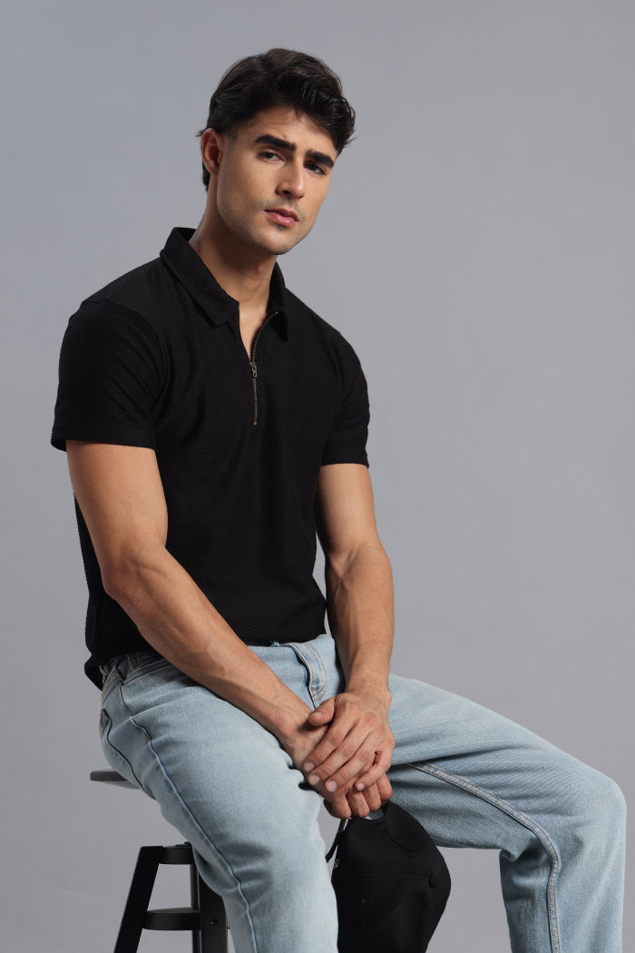 Black Zipper Polo T-shirt for Men