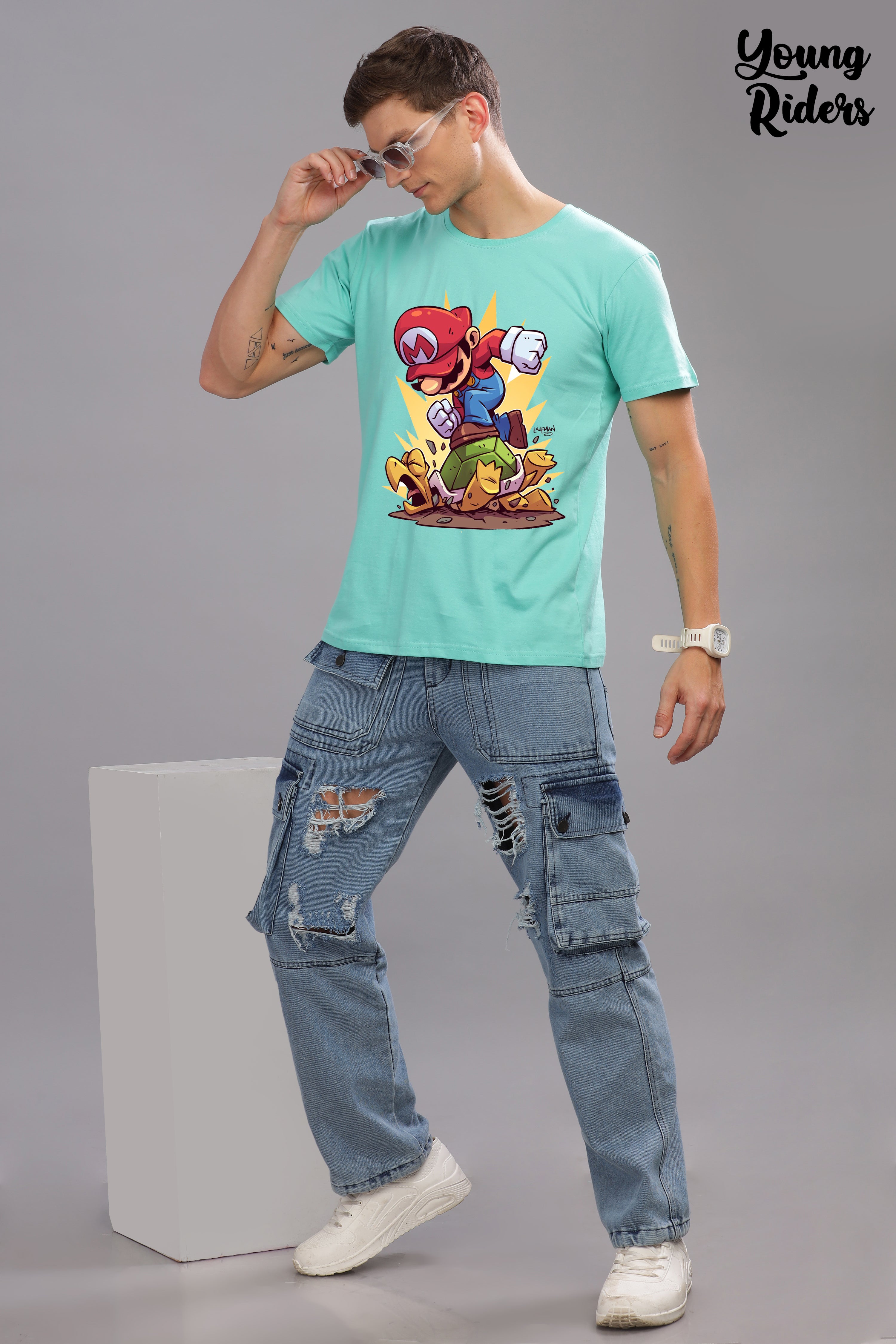 Mario Adventure Printed T-Shirt-Sky Blue