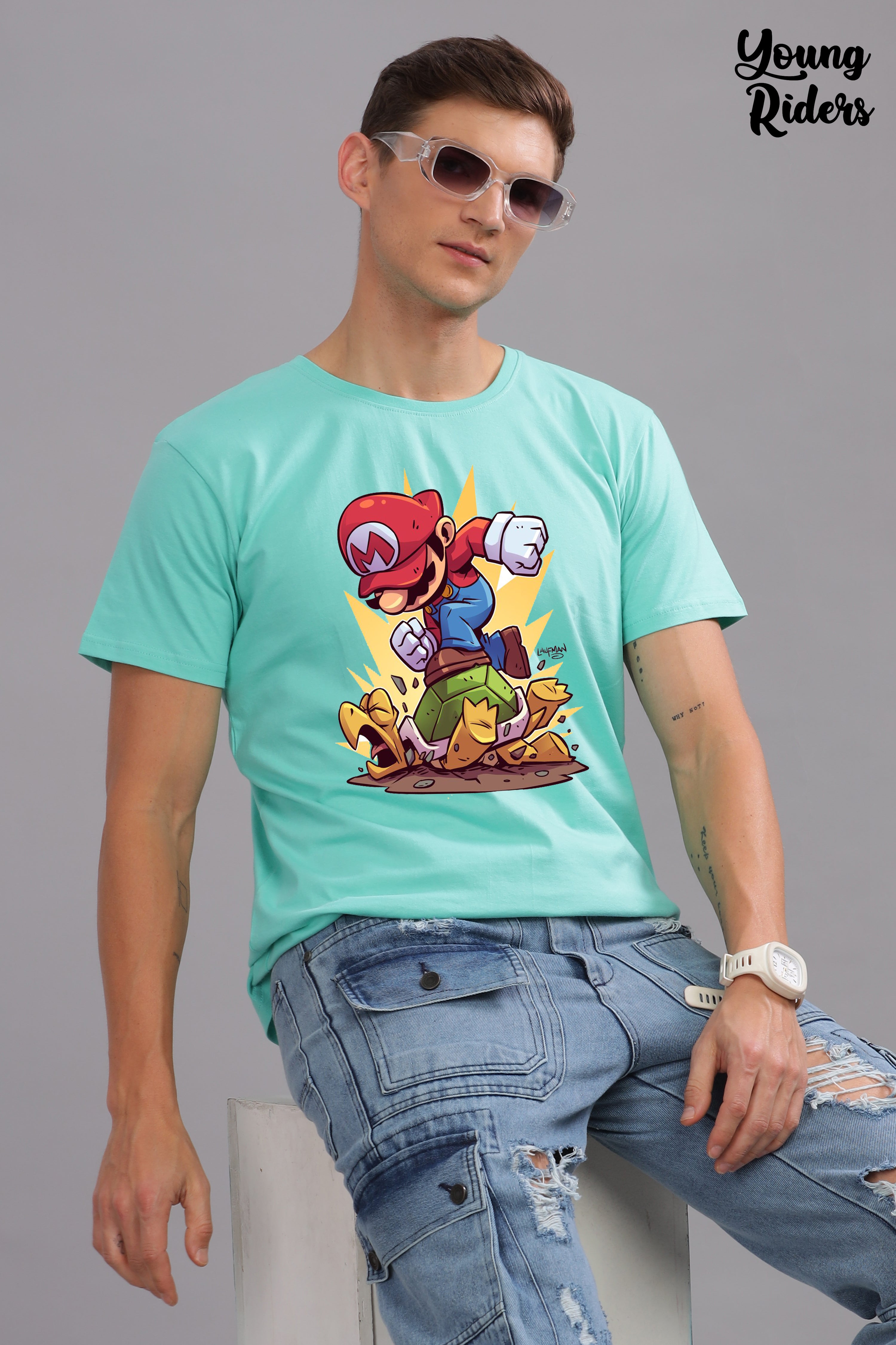 Mario Adventure Printed T-Shirt-Sky Blue