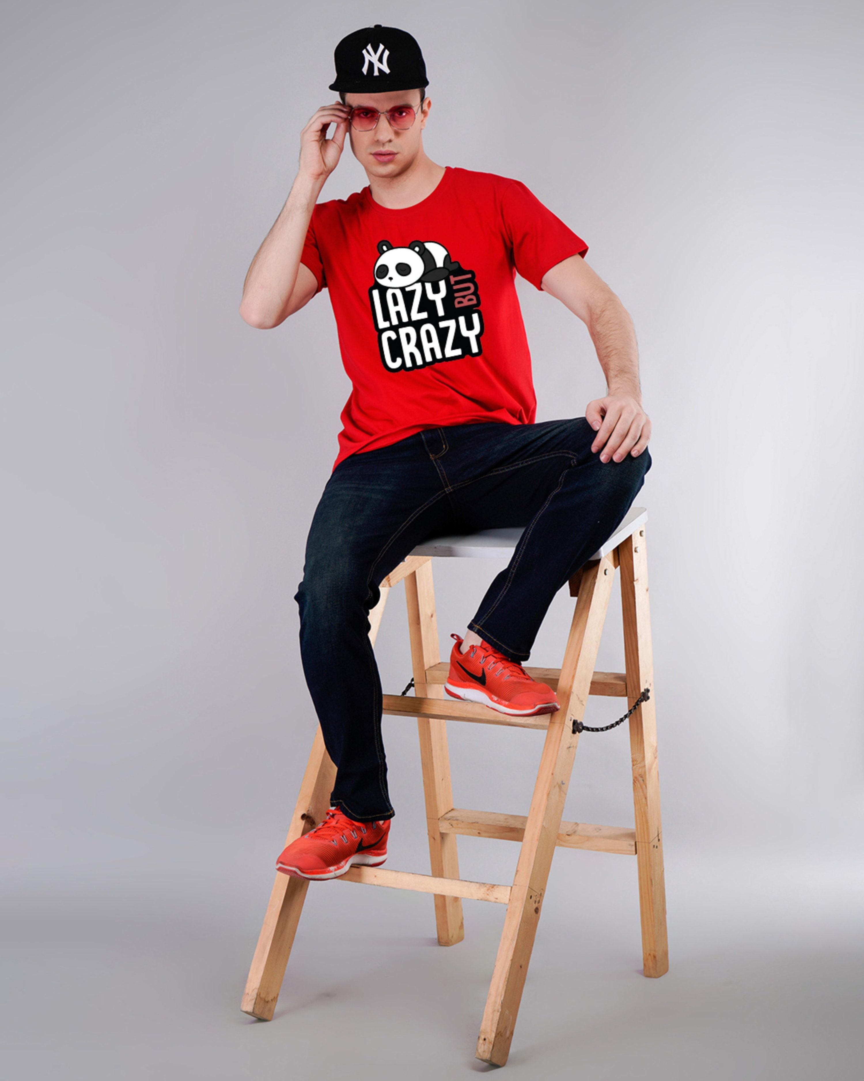 Lazy But Crazy Panda Printed T-Shirt-Red