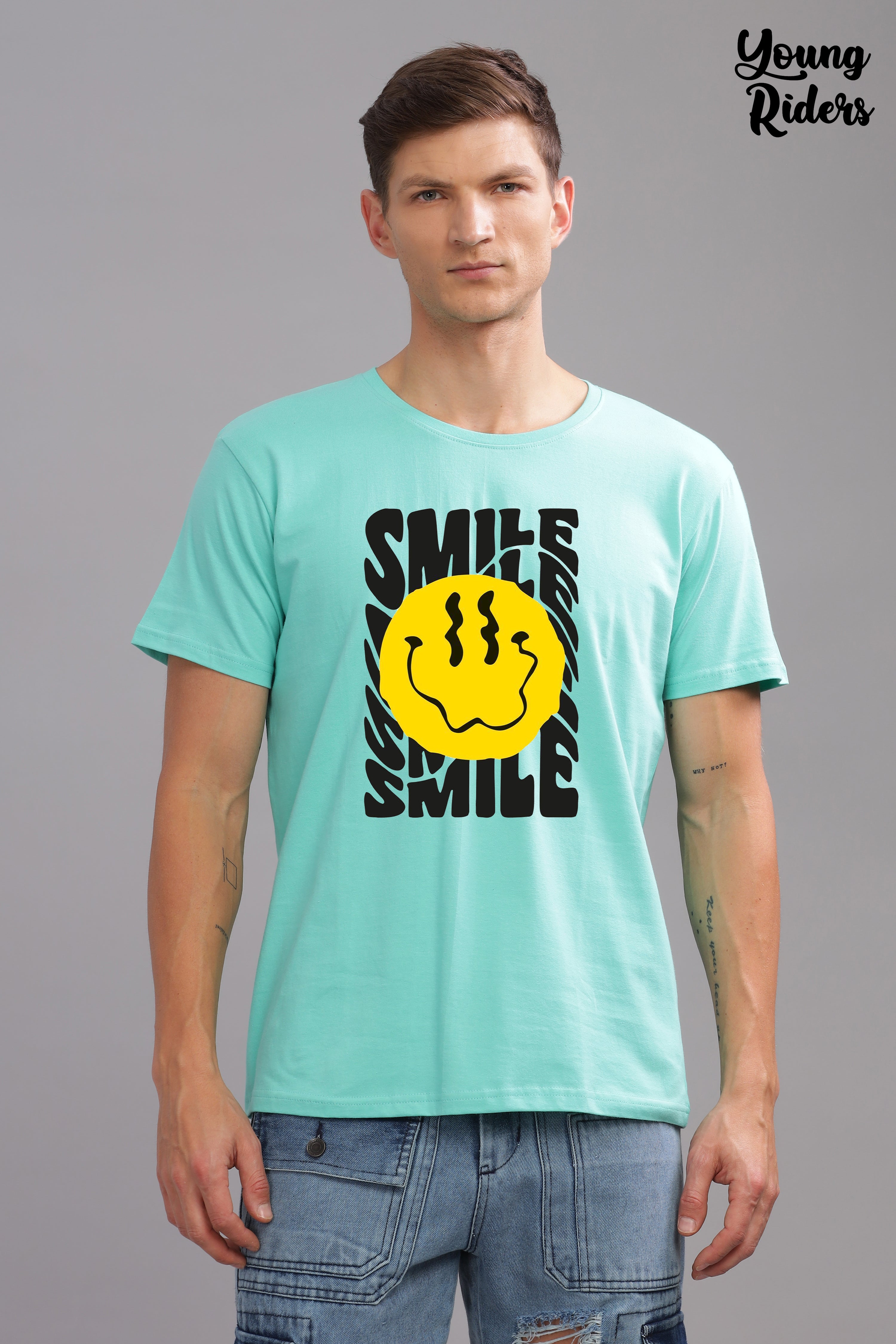 Smiling Face Printed T-shirt-Sky Blue