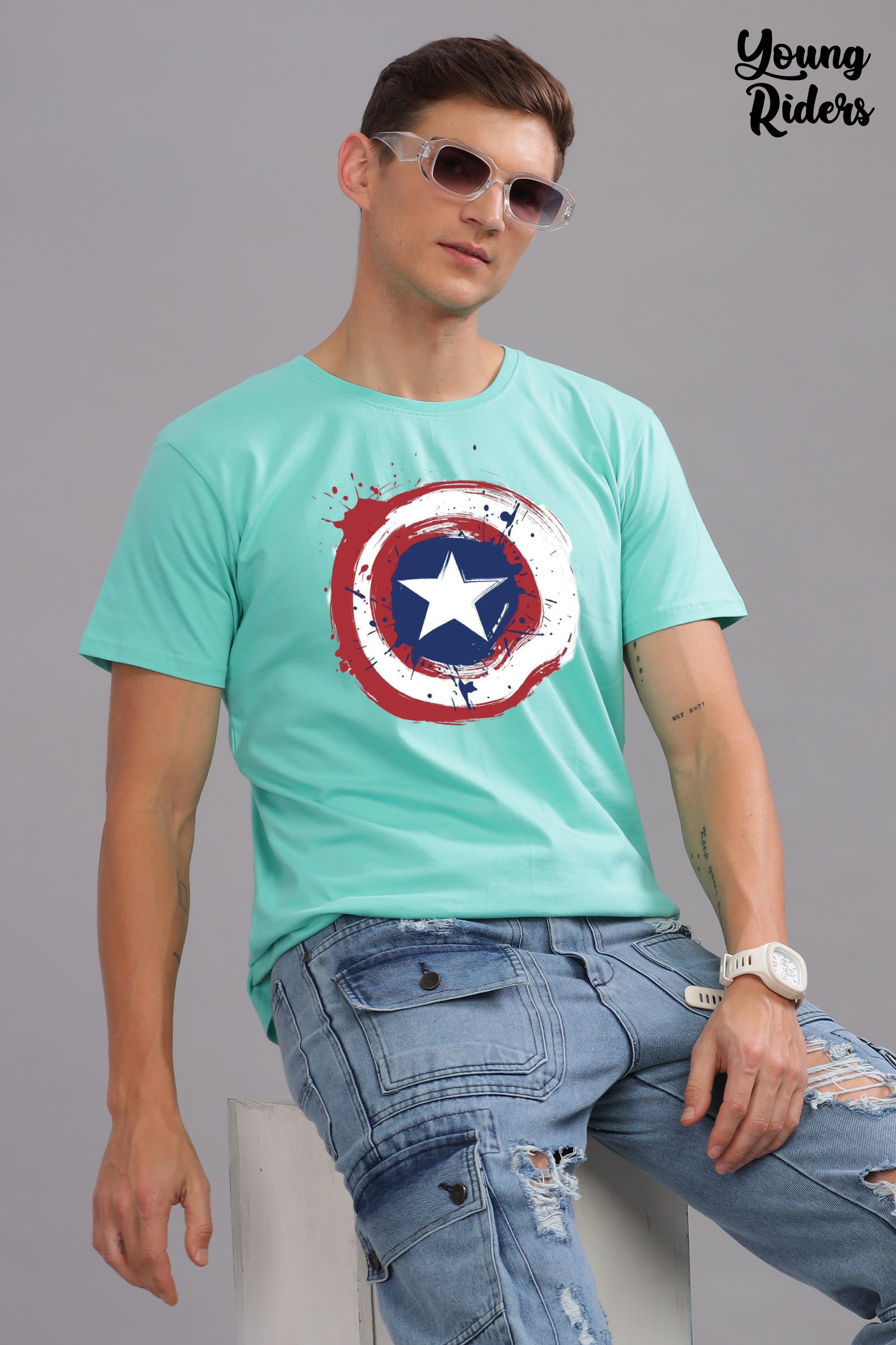 Captain America Printed T-shirt-Sky Blue