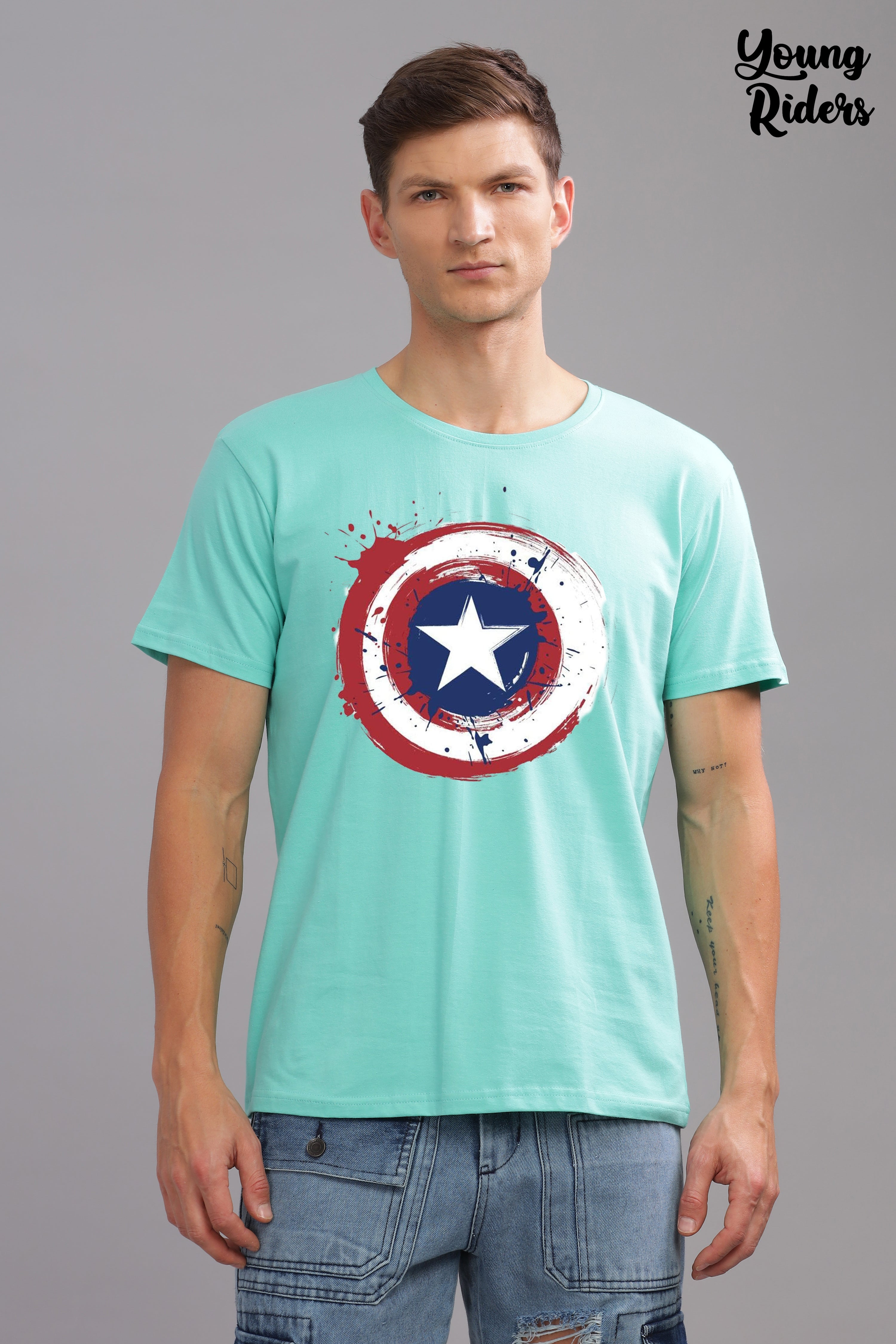 Captain America Printed T-shirt-Sky Blue