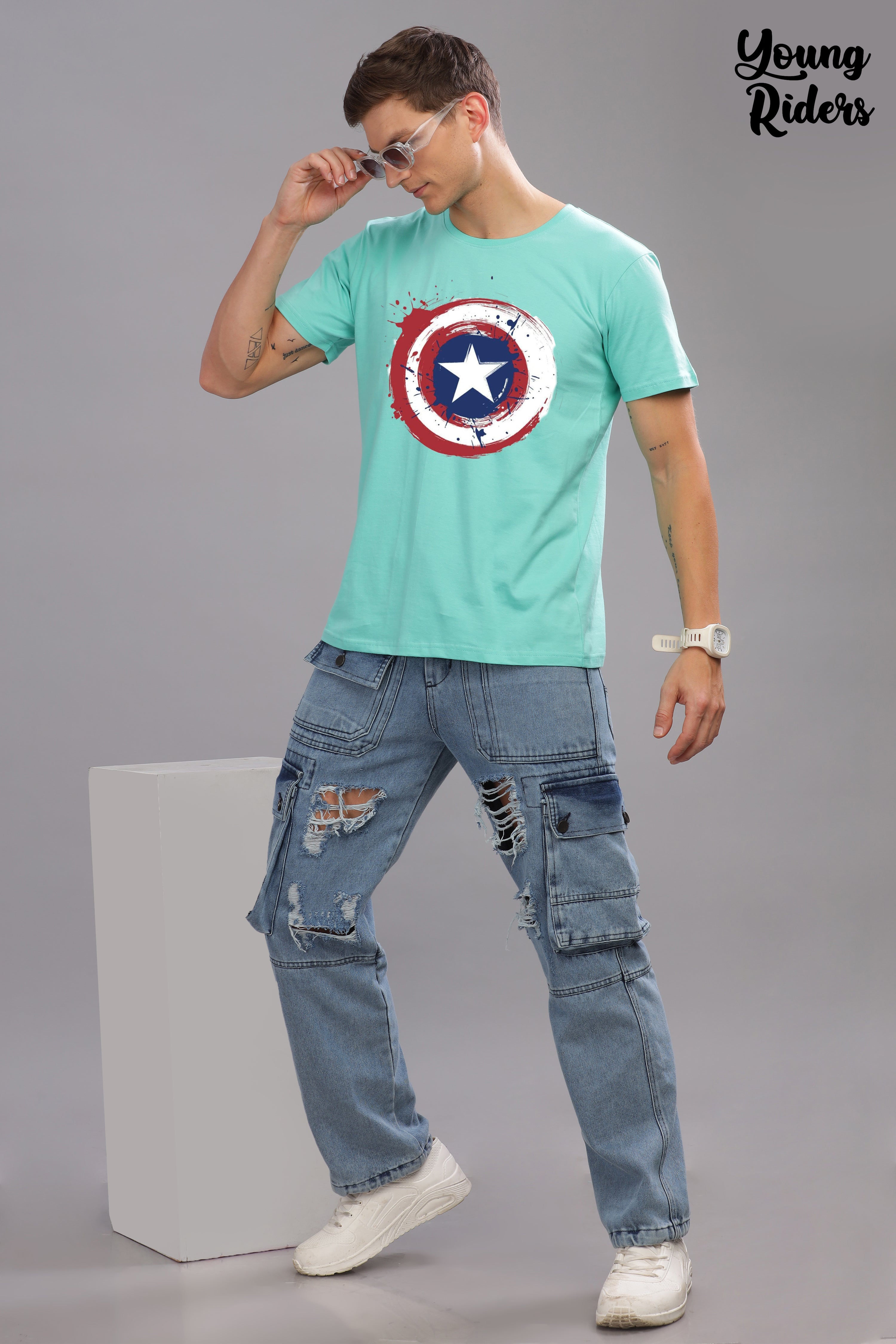 Captain America Printed T-shirt-Sky Blue