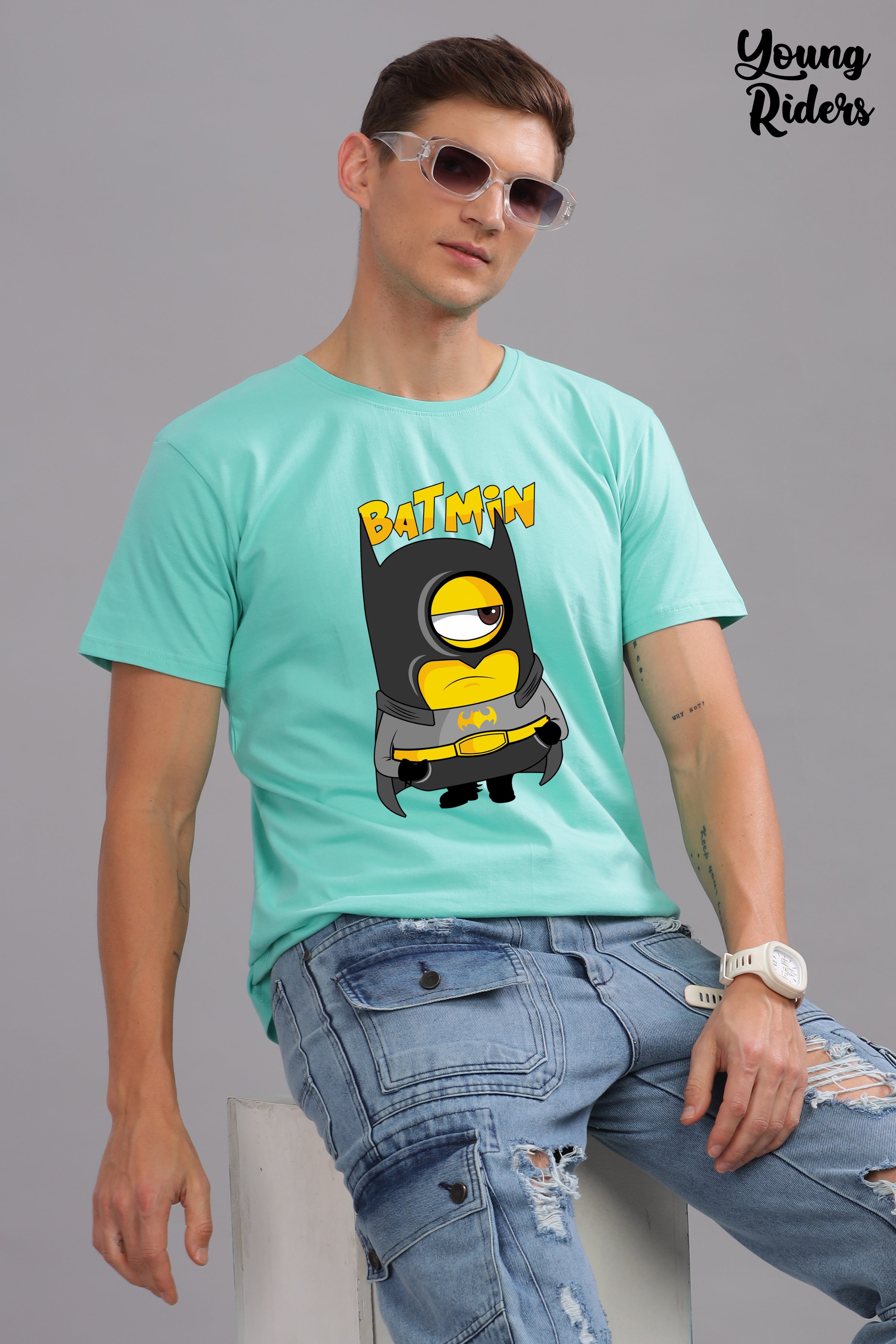 Funny Minion Batman Printed T-Shirt-Sky Blue