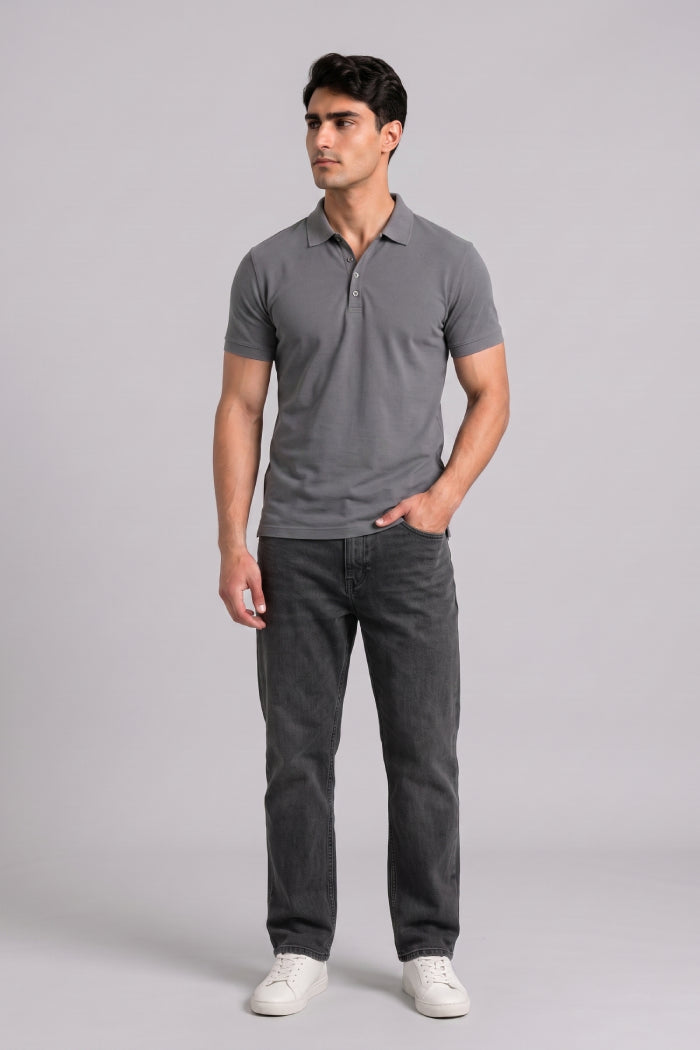 Dark Grey Button Polo – Sporty Matty