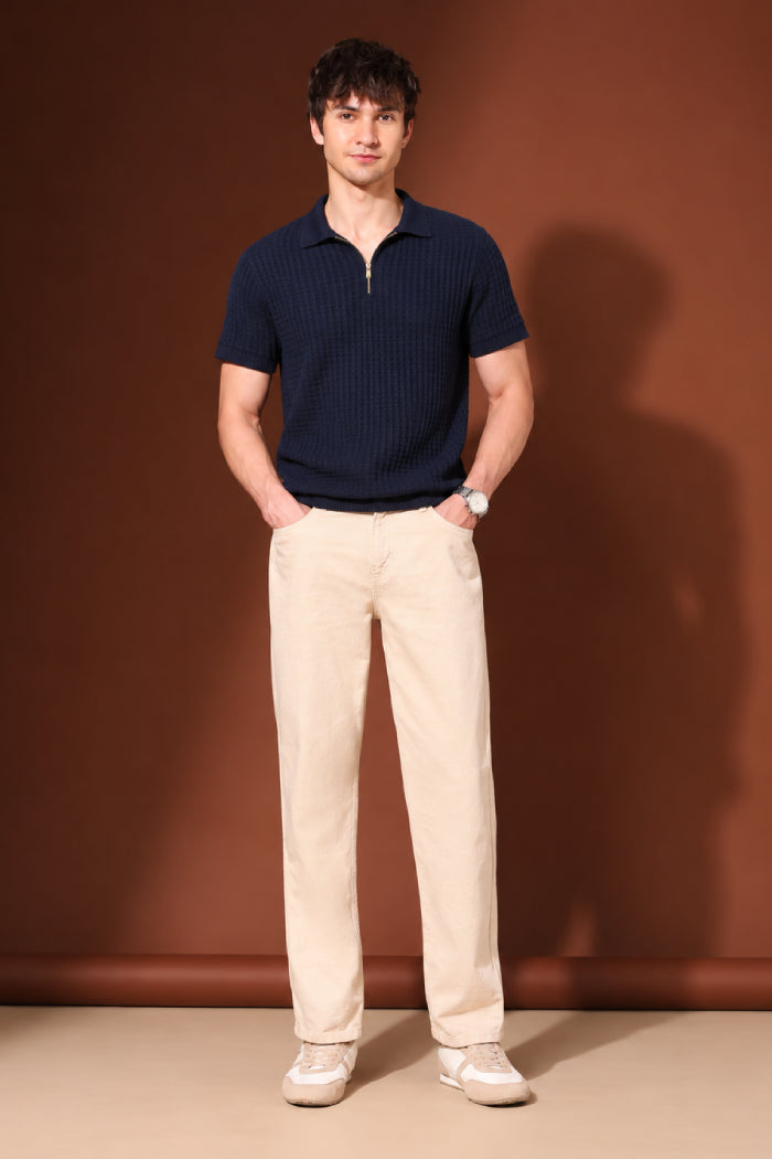 Dark Navy Blue Zipper Polo - Waffle