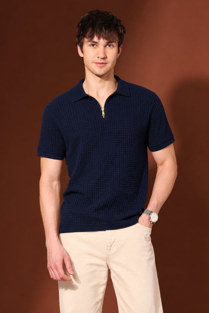 Dark Navy Blue Zipper Polo - Waffle