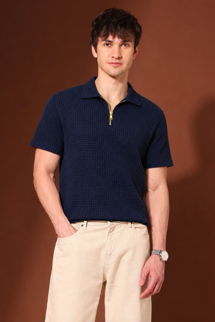 Dark Navy Blue Zipper Polo - Waffle