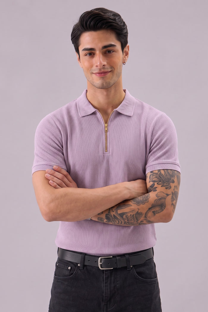 French Lilac Zipper Polo - Waffle